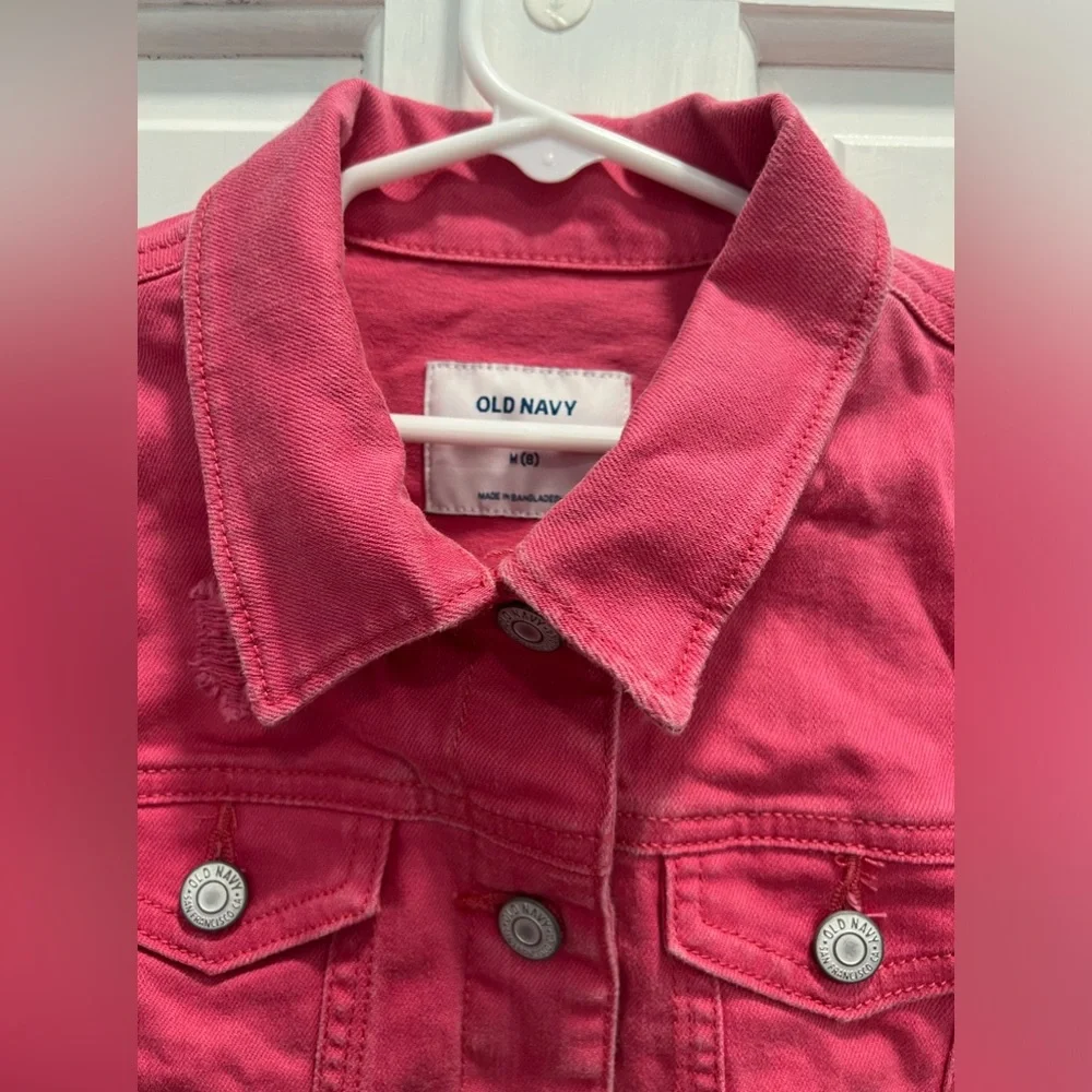OLD NAVY Pink Distressed Denim Jacket SIZE 8 Girls Pockets Buttons Pre Loved